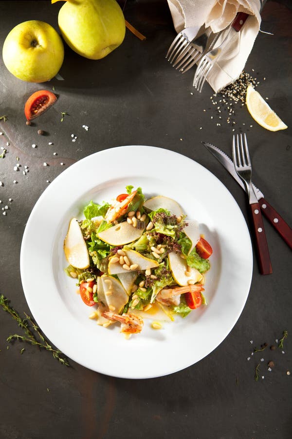 Grilled Shrimp and Pear Salad stock photo