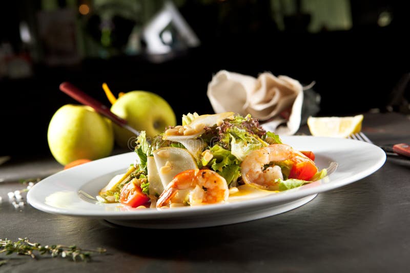 Grilled Shrimp and Pear Salad stock image