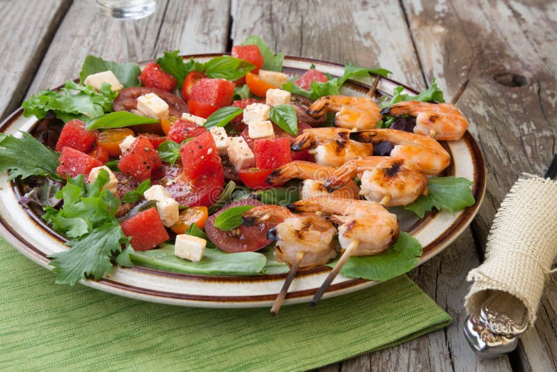 Grilled Shrimp and Watermelon Salad royalty free stock photography