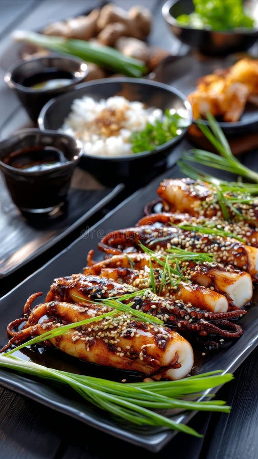 grilled-squid-with-sesame-garnish-and-asian-side-dishes-stock-image