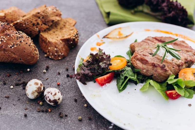 Grilled Steak and Vegetables on a Dish with Brown Bread Stock Image Image of organic