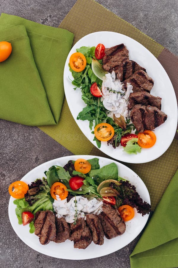 Grilled Steak and Vegetables on a Dish with Brown Bread. Stock Image Image of chop, grill