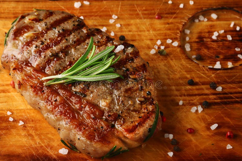 Grilled Steak on Wood with Rosemary Closeup Stock Image Image of