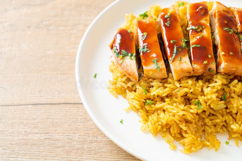 Grilled Sweet and Chilli Chicken with Curry Rice Stock Image Image of