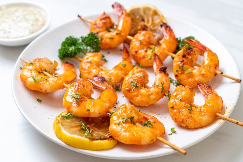 Grilled Tiger Shrimps Skewers with Lemon Stock Image - Image of food ...