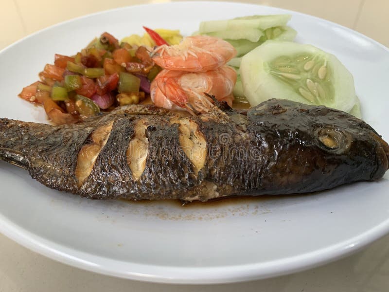 Grilled Tilapia with Chunks of Mango, Tomato, Cucumber, and Boiled