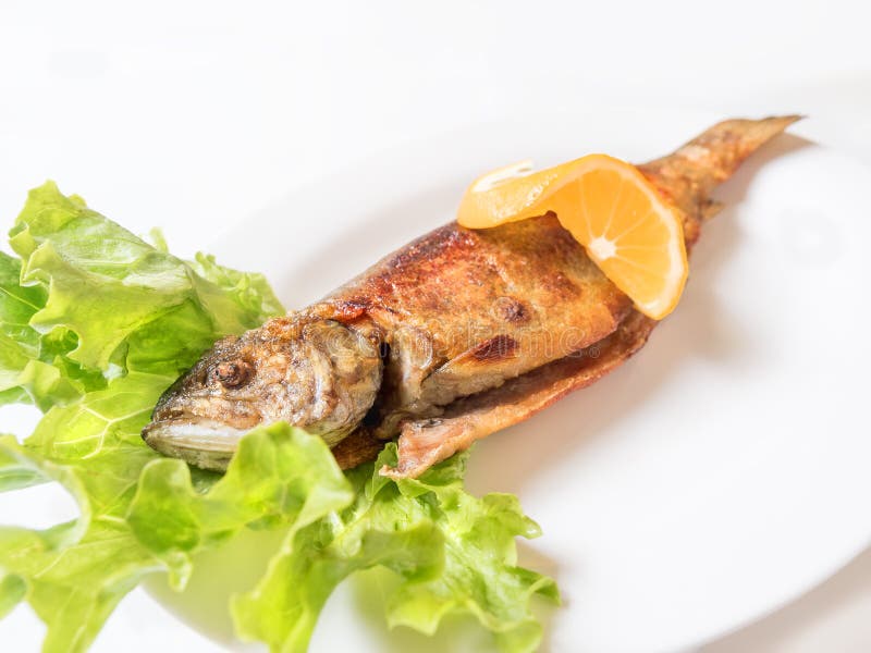Grilled trout with orange lemon, salad leaves on white plate royalty free stock photos Grilled trout with orange lemon, salad leaves on white plate royalty free stock photos