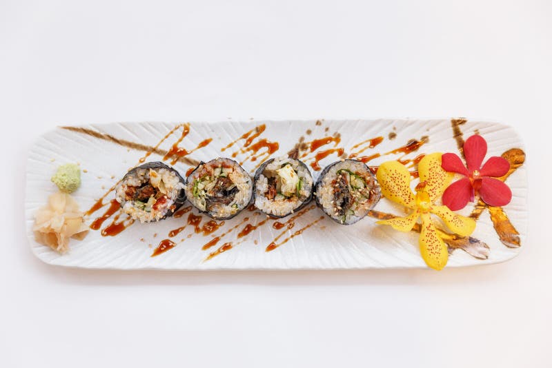 Grilled Unagi Japanese Freshwater Eel Sushi Maki Roll Served with
