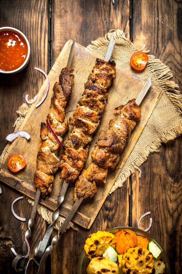Grilled Vegetables with a Fragrant Shish Kebab from Mutton. Stock Photo ...