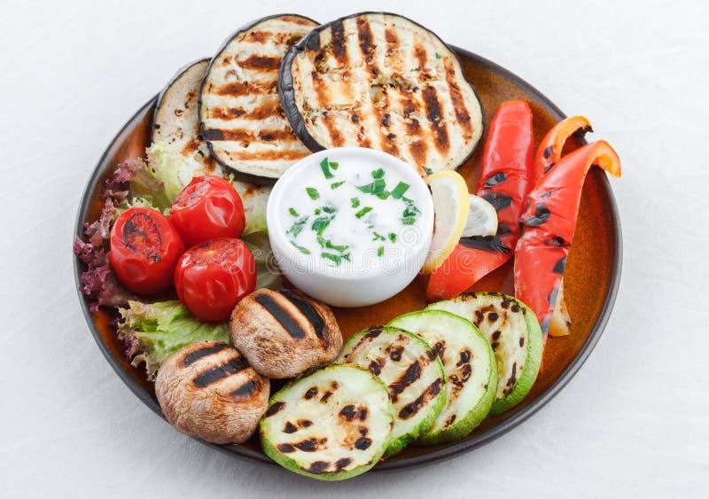 Grilled Vegetables with Garlic Dip. Stock Photo Image of summer, dish