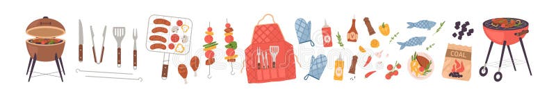 Grillelement anger vektorns platta illustration. Insamling av utrustning för tillagning av kolbrytare från kolgruvor vektor illustrationer