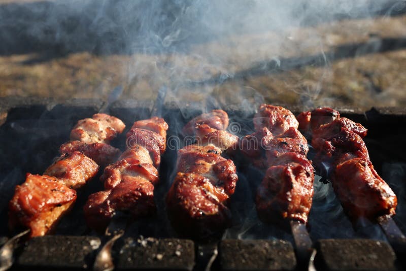 Grillen des marinierten shashlik, das auf einen Grillgrill sich vorbereitet stockfotografie