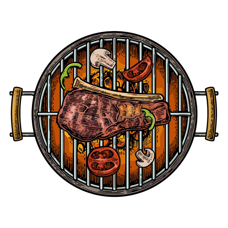 Grillen Sie Draufsicht des Grills mit Holzkohlen-, Pilz-, Tomaten-, Pfeffer- und Rindfleischsteak lizenzfreie abbildung