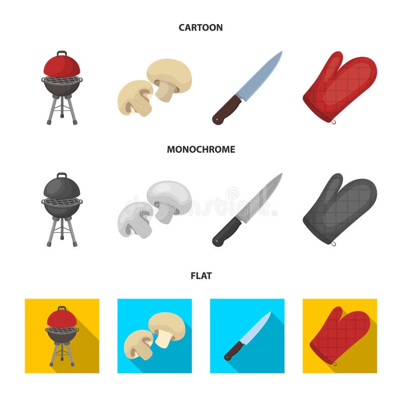 Grillen Sie Grill, Champignons, Messer, Grillhandschuh Gesetzte Sammlungsikonen BBQ in der Karikatur, flacher, einfarbiger Artvek stock abbildung Grillen Sie Grill, Champignons, Messer, Grillhandschuh Gesetzte Sammlungsikonen BBQ in der Karikatur, flacher, einfarbiger Artvek stock abbildung