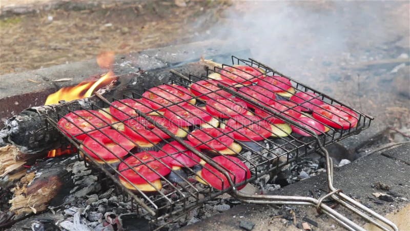 Grillen van gesneden tomaten in open vuur barbecue dicht