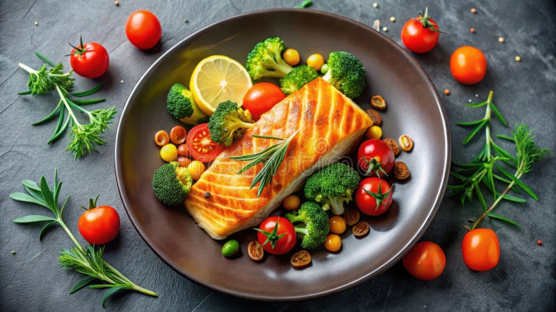 Grillgegrillter Fisch mit geröstetem Gemüse und Zitronengarnisch auf einem dunklen Teller. Generative AI stock abbildung
