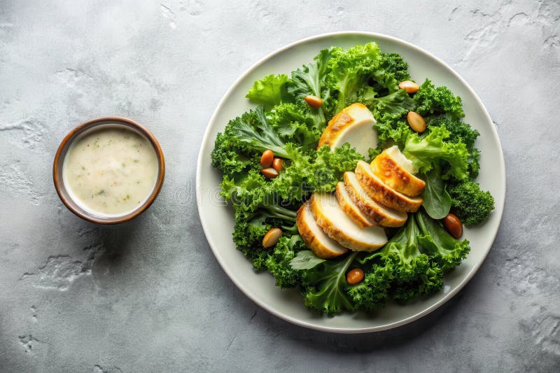 Grillgegrillter Hühnersalat mit Kale Broccoli und cremiger Dressing auf leichter grauer Oberfläche. Generative AI vektor abbildung