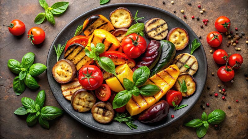 Grillgemüse und Kirschtomaten auf einem dunklen Teller. Generative AI stock abbildung