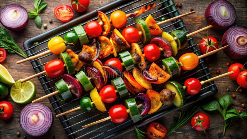 Grillgemüseskeulen mit lebhaften Farben und frischen Kräuter auf rustikaler Holzfläche. Generative AI stock abbildung