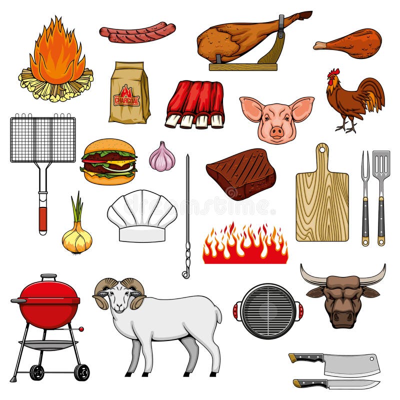 Barbecue grill meat food and grill picnic equipment items, vector icons. BBQ charcoal and fire, beef steak, sausage and burger, lamb ribs and cooking spices, barbeque hatchet, fork and cutting board. Barbecue grill meat food and grill picnic equipment items, vector icons. BBQ charcoal and fire, beef steak, sausage and burger, lamb ribs and cooking spices, barbeque hatchet, fork and cutting board