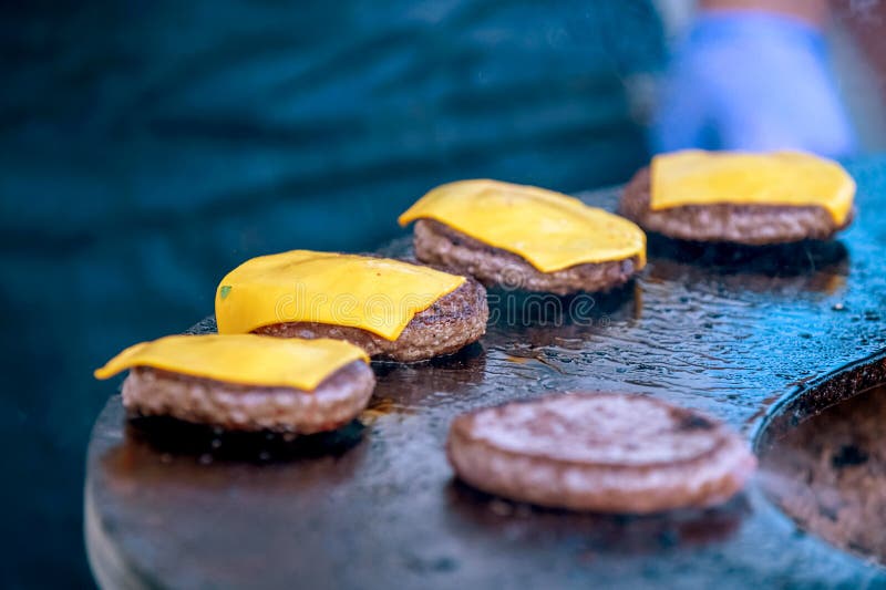 Grilling Hamburger Patties With Cheese Open Air Stock Photo Image of iron, grilled 154649708