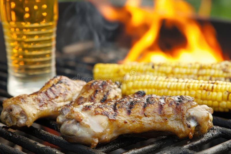 Grilling kurczaka skrzydła i kukurydza z napojem na imprezę na podwórku i grilling ilustracja wektor