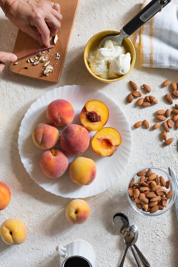 Grilling Peaches with Almonds and Ice Cream Stock Photo Image of
