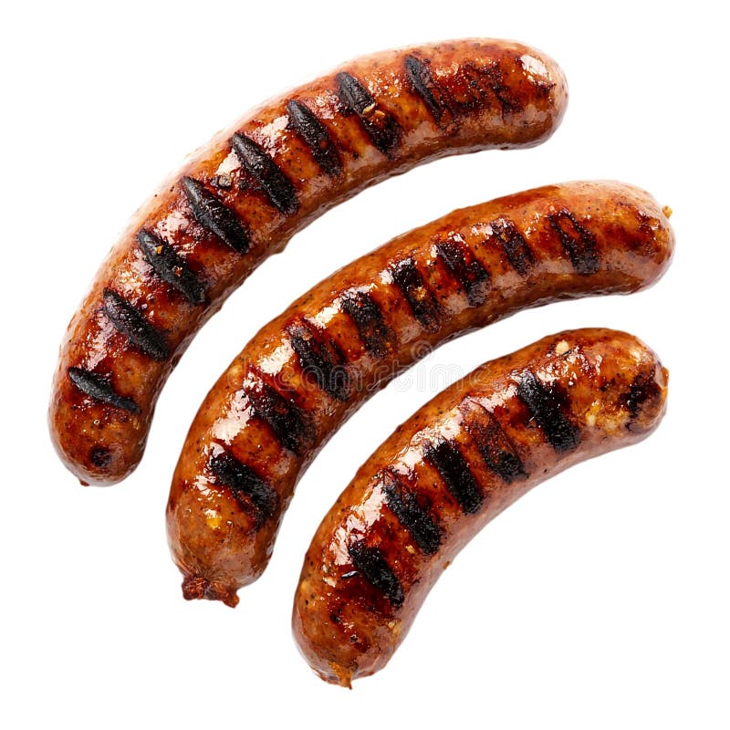 Grillowane kiełbasy brązowe pyszne jedzenie bbq letnia piknik gorące jedzenie obiad z jadłem mięsa izolowany na białym tle ilustracji