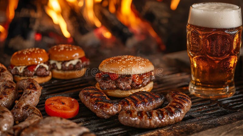 Grillowane kiełbasy i hamburgery z piwem przed przytulnym ogniem obraz stock