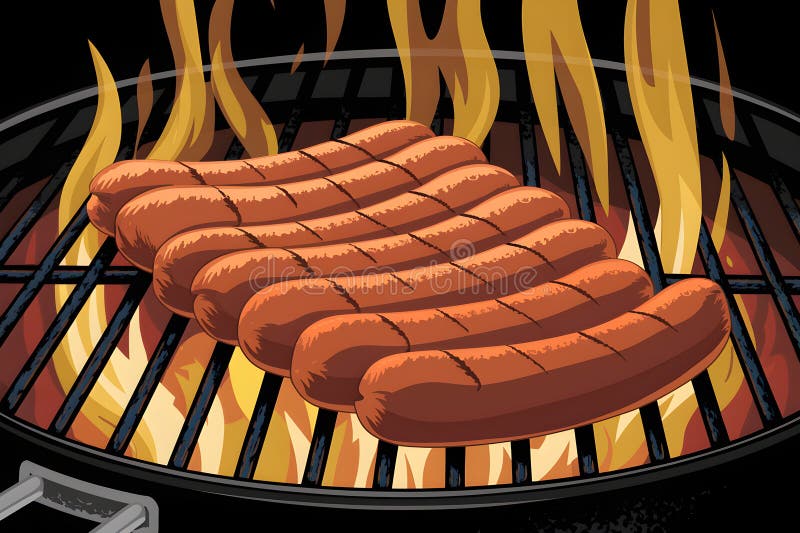 Grillowane kiełbasy skumulowane czarny wzór palky rustic grill scena ilustracji