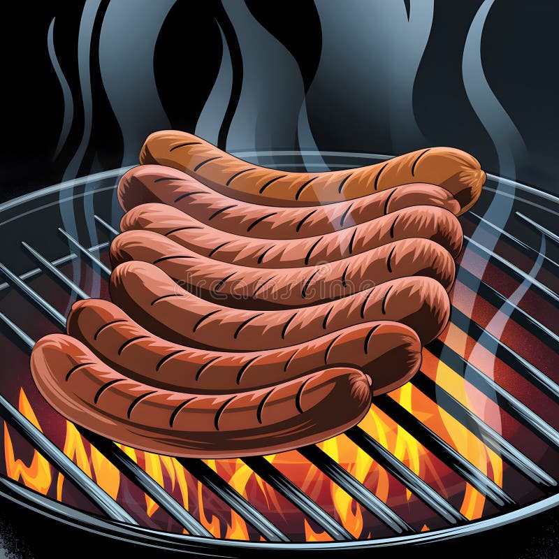 Grillowane kiełbasy skumulowane czarny wzór palky rustic grill scena ilustracja wektor