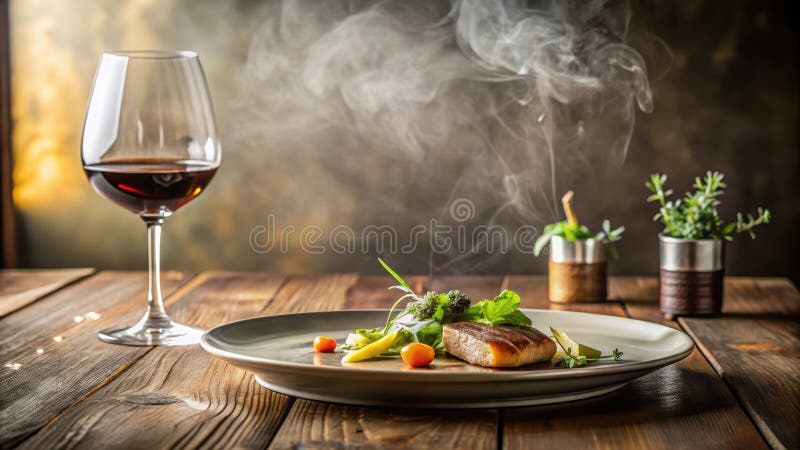 Grillspezialitäten vom Grill mit Dampf-Garnisch, serviert mit einem Glas Rotwein auf rustikalem Holztisch. Generative AI lizenzfreie abbildung