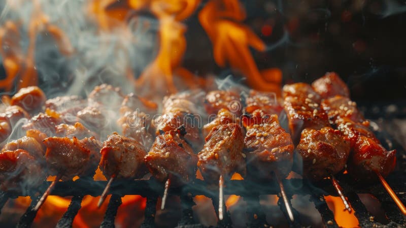 Grillspieße auf einem Grill mit Flammen im Hintergrund. Schließung der köstlichen Küche auf offener lizenzfreie stockfotografie