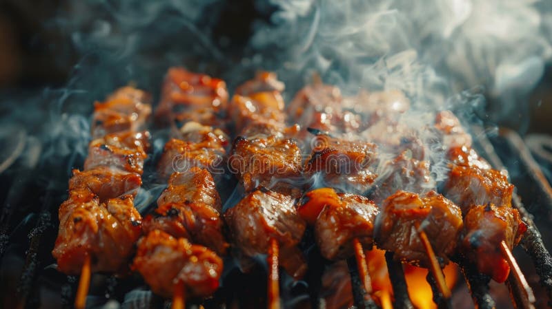 Grillspieße, gegrillt, auf einem Grill gekocht. saftiges und köstliches Fleisch über heißen Kohlen. perfektes Bild lizenzfreie stockfotos
