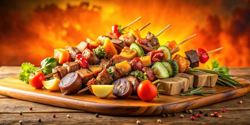 Grillspieße mit Wurst und lebendigem Gemüse auf rustikalem Holzbrett schön arrangiert. Generative AI vektor abbildung