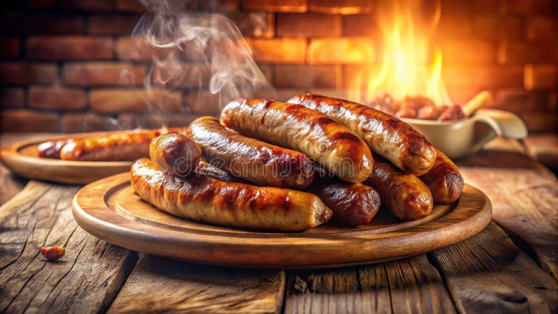 Grillwürste auf einem rustikalen Holzbrett, der von der Hitze eines nahen Feuers dampft. Generative AI vektor abbildung