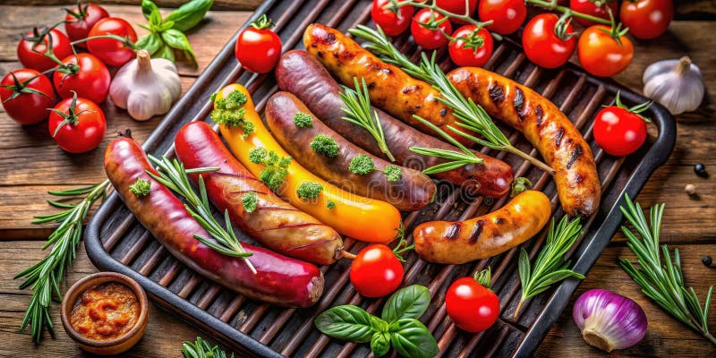 Grillwürste mit frischen Kräutern und farbenfrohen Gemüsen auf rustikaler Holzfläche. Generative AI stock abbildung