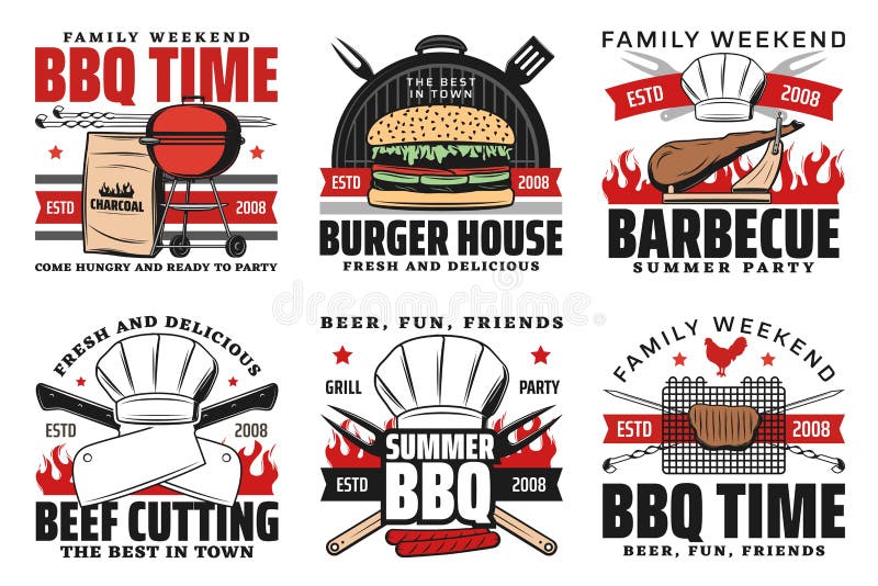 Barbecue summer party, summer holiday picnic and cookout icons. Vector BBQ charcoal grill meat steaks and hot dogs, burgers and steak house signs, chef cutlery hatchet knife and fork. Barbecue summer party, summer holiday picnic and cookout icons. Vector BBQ charcoal grill meat steaks and hot dogs, burgers and steak house signs, chef cutlery hatchet knife and fork