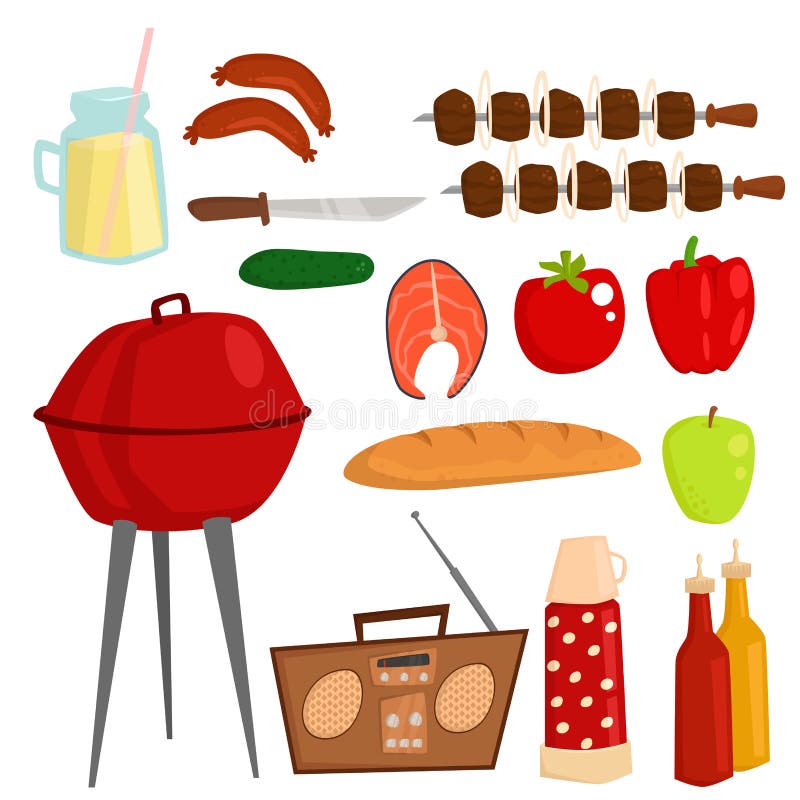 Grillów produktów BBQ partyjnego opieczenia czasu kuchni lunchu wektoru kuchenna plenerowa rodzinna ilustracja royalty ilustracja Grillów produktów BBQ partyjnego opieczenia czasu kuchni lunchu wektoru kuchenna plenerowa rodzinna ilustracja royalty ilustracja