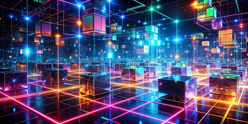 Grilă luminoasă LED dinamică: O vizualizare futuristă a calculului cuantic și a rețelelor de Big Data vector illustration
