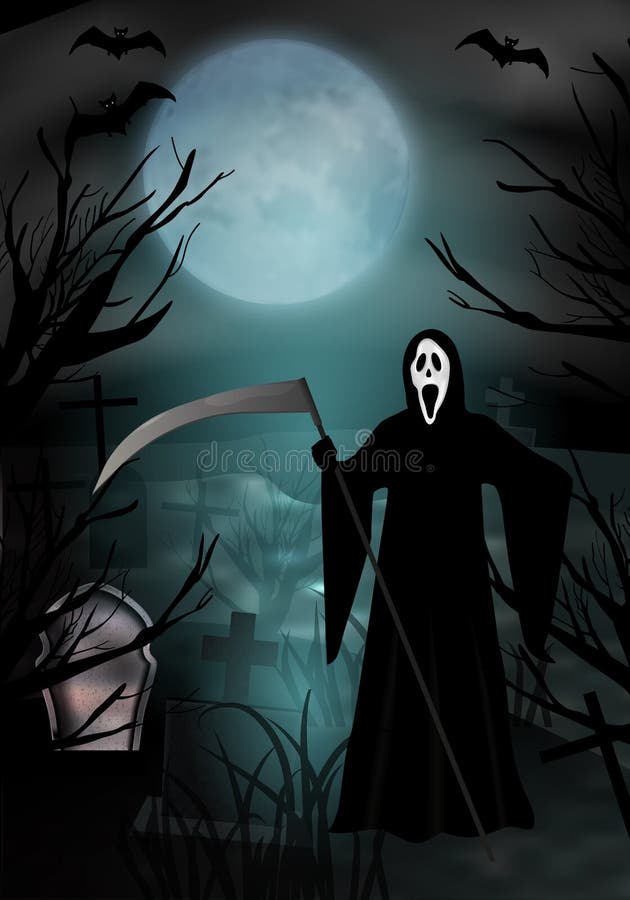 Happy Halloween Backdrop 8x8ft Death Hold Scythe Polyester Photography Background Night View Bright Full Moon Black Scary Scytheman Silhouette Bat Holiday Decor Costume Party Portrait Shoot