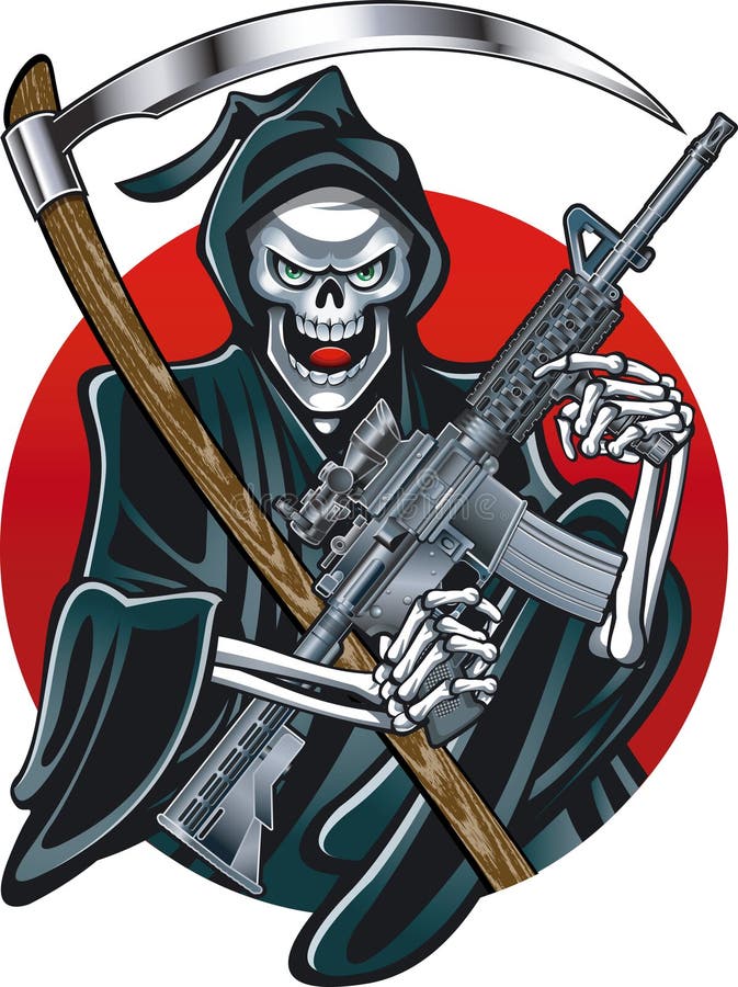 Grim reaper holding ar15 assault rifle and schyte.