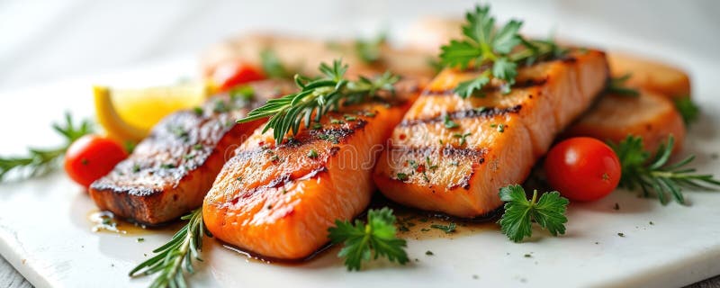 Grimmad laxfilé med kryddade färska örtcitroner på vit platta. Juicy rostad fisk med tomater. Äkta maträtter vektor illustrationer