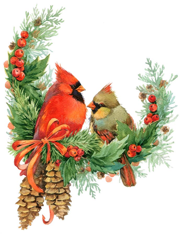 Grinalda de Natal e pássaros fofos. ilustração em aguarela ilustração do vetor