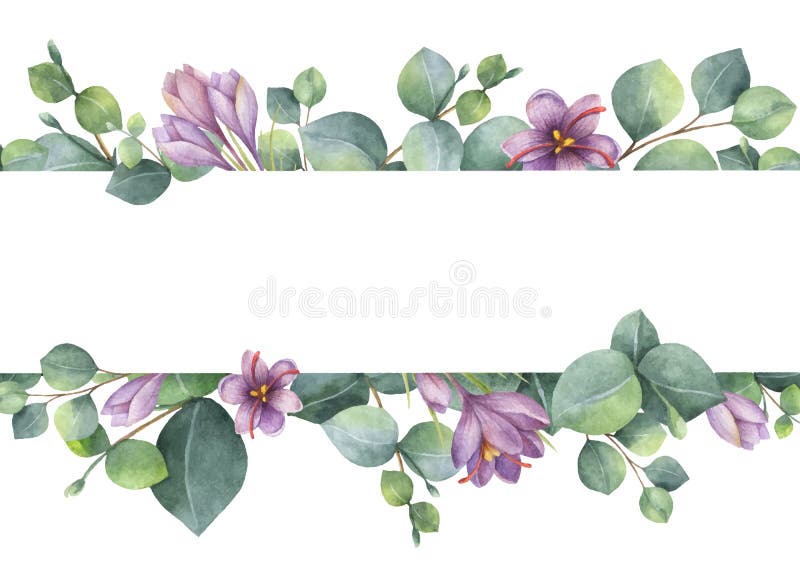 Grinalda do vetor da aquarela com as folhas verdes do eucalipto, as flores roxas e os ramos ilustração stock Grinalda do vetor da aquarela com as folhas verdes do eucalipto, as flores roxas e os ramos ilustração stock