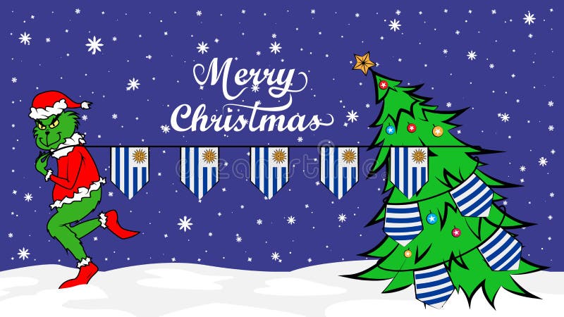 Grinch stiehlt Staatsflagge von Uruguay-Illustration Grünes Ungeheuer im Weihnachtsplakat lizenzfreie abbildung Grinch stiehlt Staatsflagge von Uruguay-Illustration Grünes Ungeheuer im Weihnachtsplakat lizenzfreie abbildung