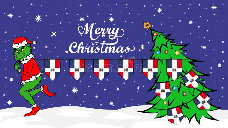 Grinch vole le drapeau national de l'illustration de la République Dominicaine Ogre vert en affiche de Noël illustration de vecteur Grinch vole le drapeau national de l'illustration de la République Dominicaine Ogre vert en affiche de Noël illustration de vecteur