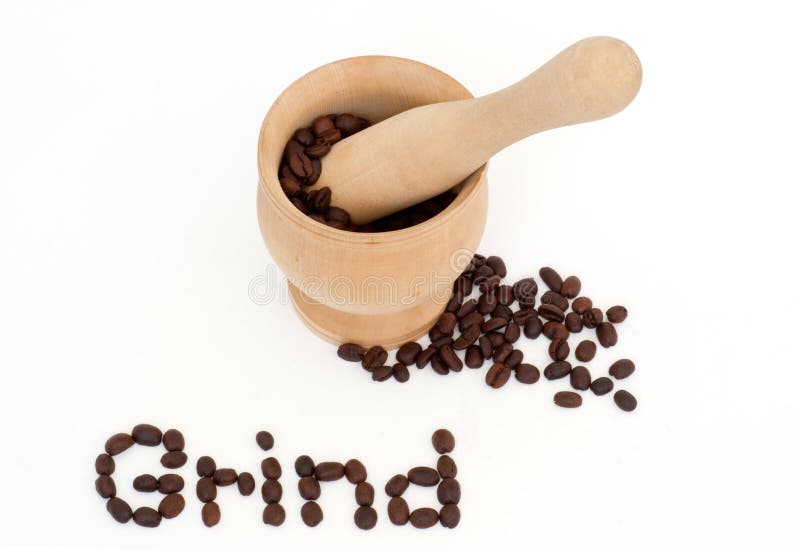 Grind Word Coffee Beans Mortar Pestle White Stock Photos Free