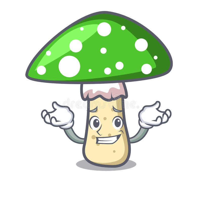 Grinning green amanita mushroom character cartoon vector illustration