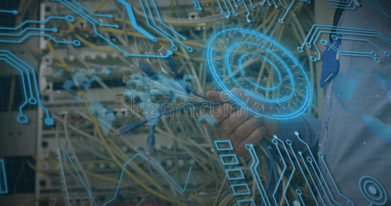 Gripping RJ45 blue Ethernet cables in rack patch panels in server room, circuit overlay, copy space royalty free stock photo